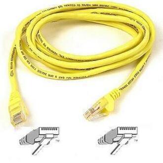 14-foot yellow Belkin Cat6 network cable with RJ45 connectors and snagless design, shown with connector detail diagrams