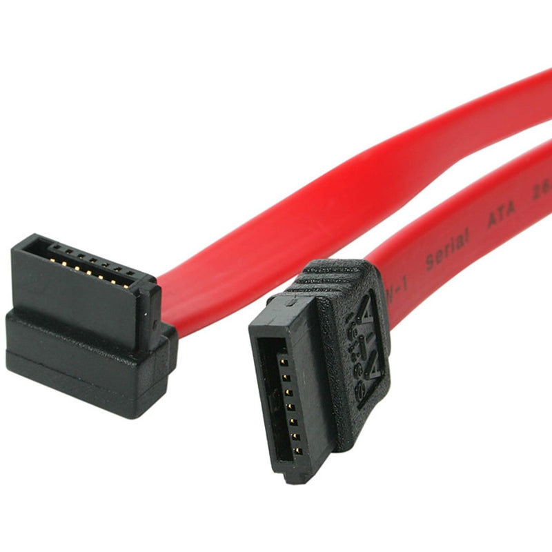 StarTech.com 24-inch SATA cable with straight and right-angle connectors showing red flexible cable and black SATA connectors