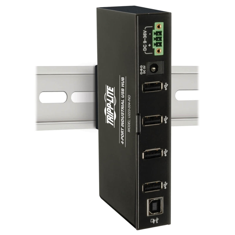 Side view of USB hub mounted on DIN rail showing mounting mechanism