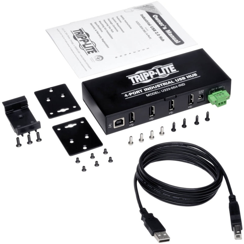 Complete package contents of industrial USB hub including mounting hardware and accessories