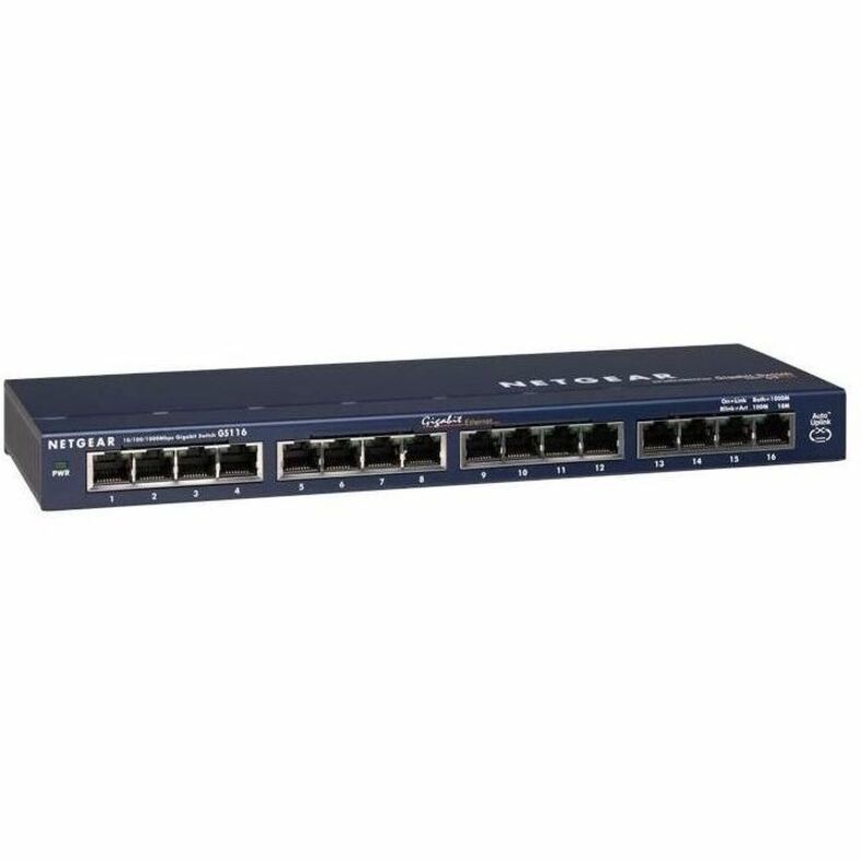 Front view of NETGEAR GS116 ProSafe 16-port Gigabit Ethernet Switch showing all network ports and status indicators-alternate-image1