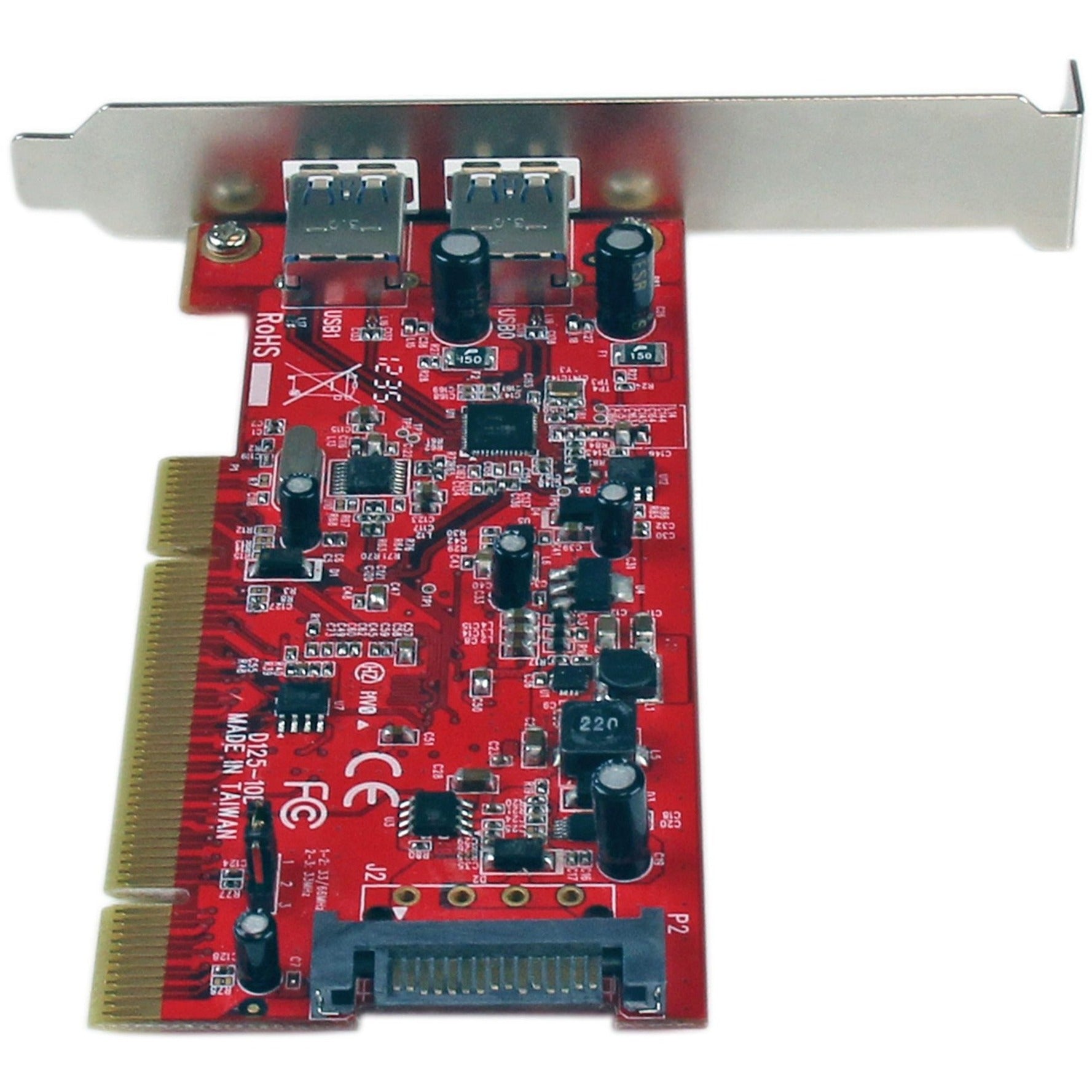 StarTech.com PCIUSB3S22 Tarjeta adaptadora PCI SuperSpeed USB 3.0 de 2 puertos con alimentación SATA transferencia de datos de alta velocidad e instalación fácil