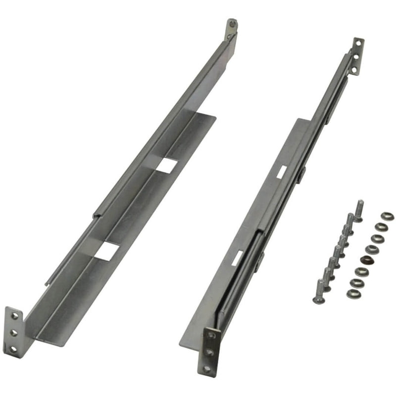 Tripp Lite 1U rackmount rails with mounting hardware components displayed in silver finish