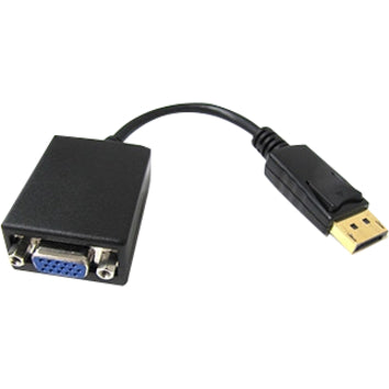 Weltron DisplayPort male to VGA female adapter showing black housing with gold-plated DisplayPort connector and blue VGA port