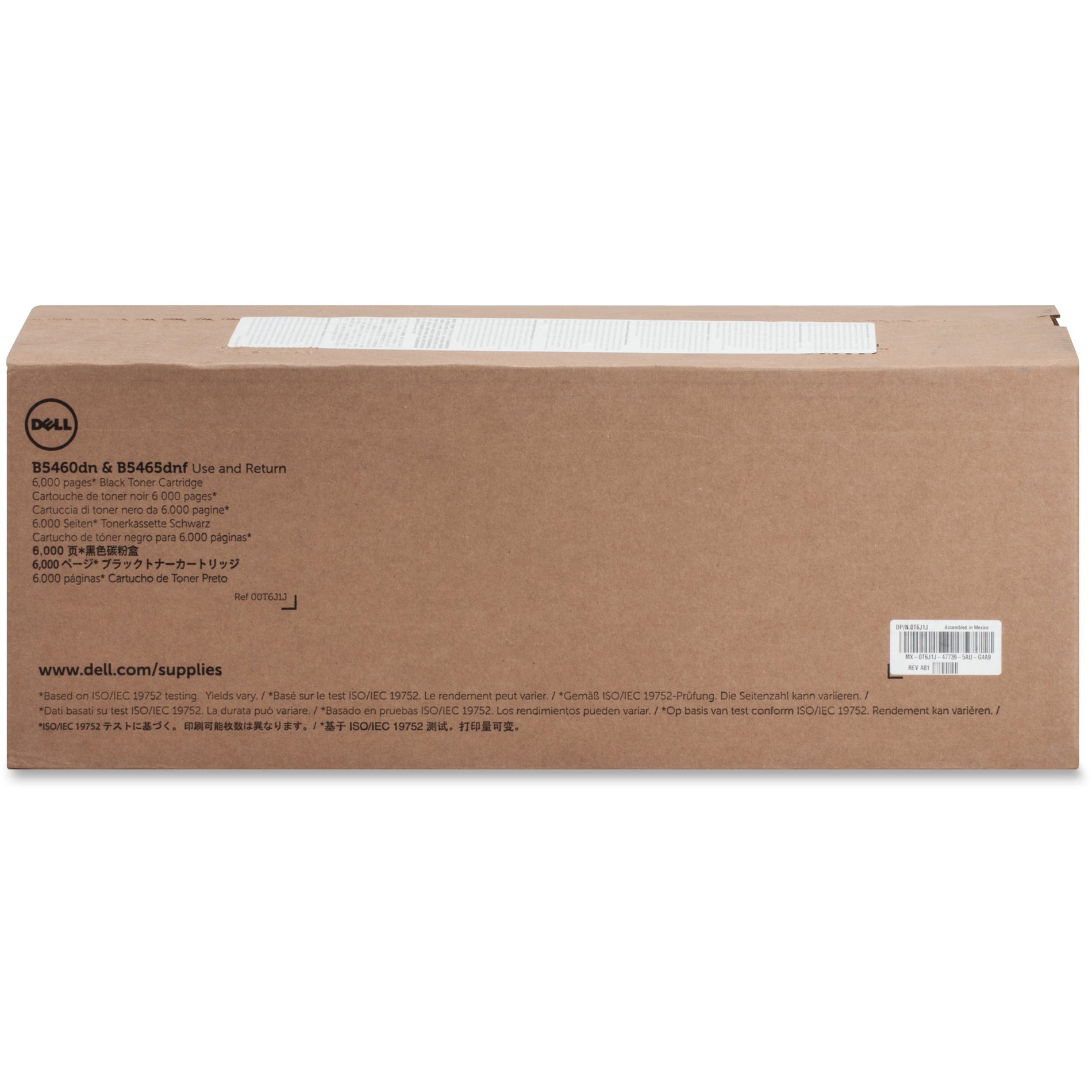 Dell T6J1J B5460 black toner cartridge box showing product specifications and compatibility information in multiple languages-alternate-image1