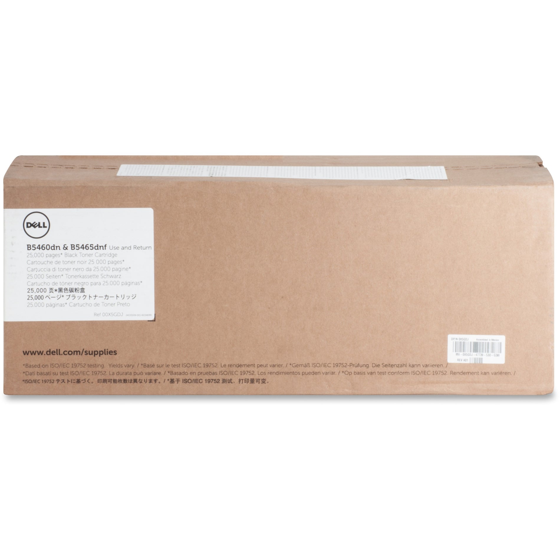 Dell X5GDJ black toner cartridge in retail packaging for B5460dn and B5465dnf printers, showing multilingual product information and 25,000-page yield specification-alternate-image1