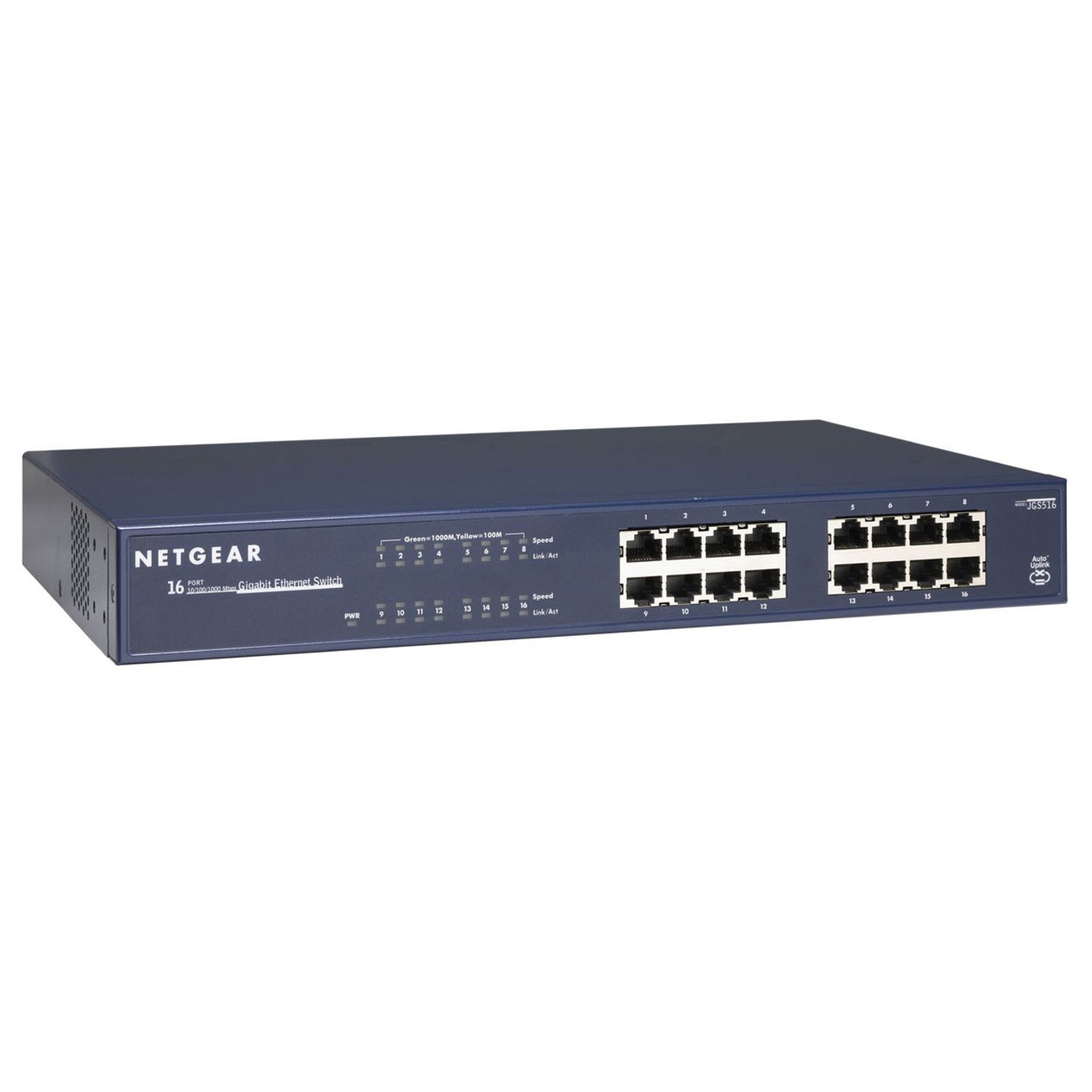 NETGEAR JGS516 ProSafe 16-port Gigabit Ethernet switch in navy blue metal housing with LED status indicators and RJ-45 ports-alternate-image1