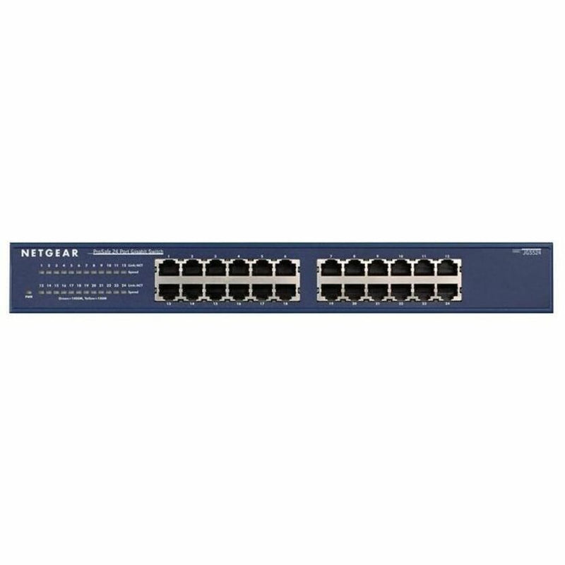 Straight-on view of Netgear JGS524NA ProSafe switch showing full port layout and status indicators