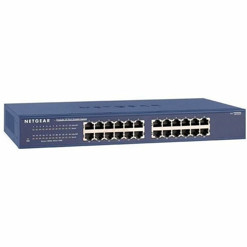 Front view of Netgear JGS524NA ProSafe 24-port gigabit ethernet switch showing RJ-45 ports and LED indicators