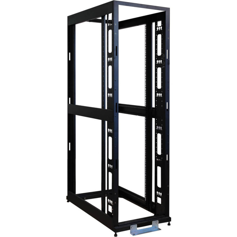 Tripp Lite 42U open frame server rack with adjustable mounting rails and stabilizing feet, shown from front-angled perspective