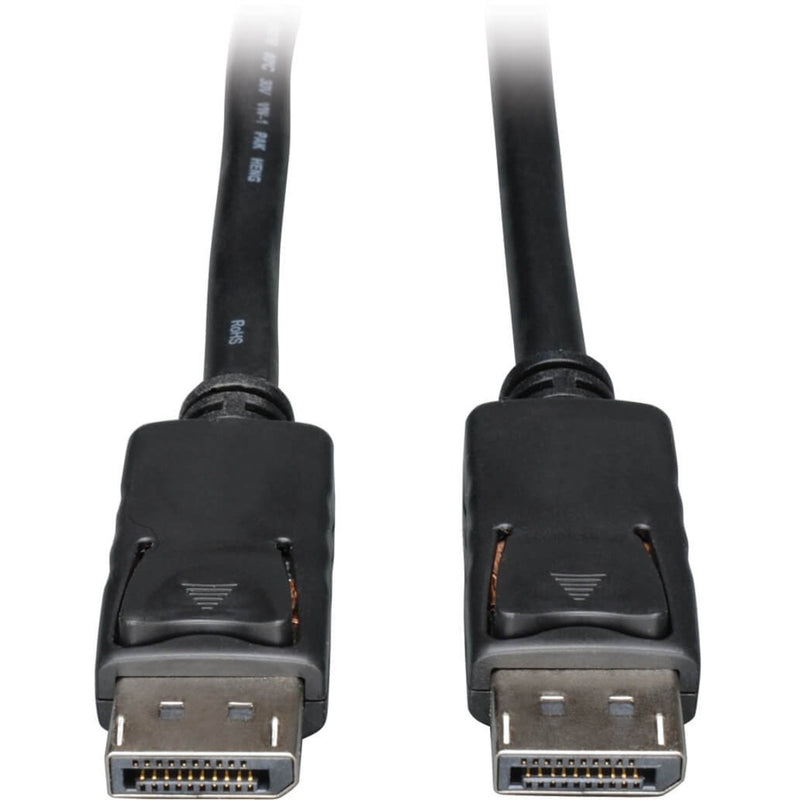 Close-up view of dual male DisplayPort connectors with gold-plated contacts on Tripp Lite P580-025 cable