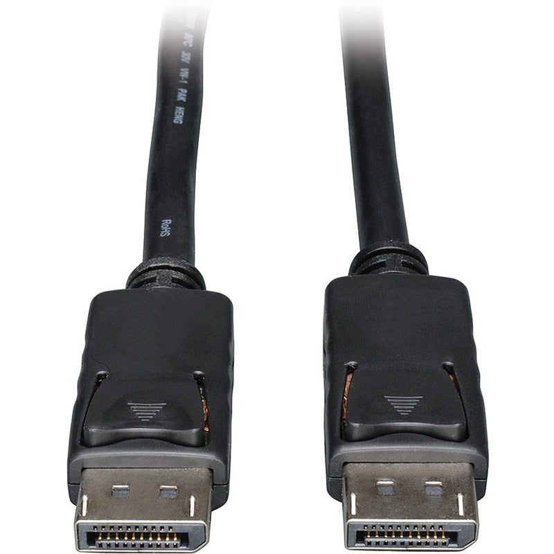 Close-up view of Tripp Lite P580-100 DisplayPort cable connectors showing male ends with latching mechanisms