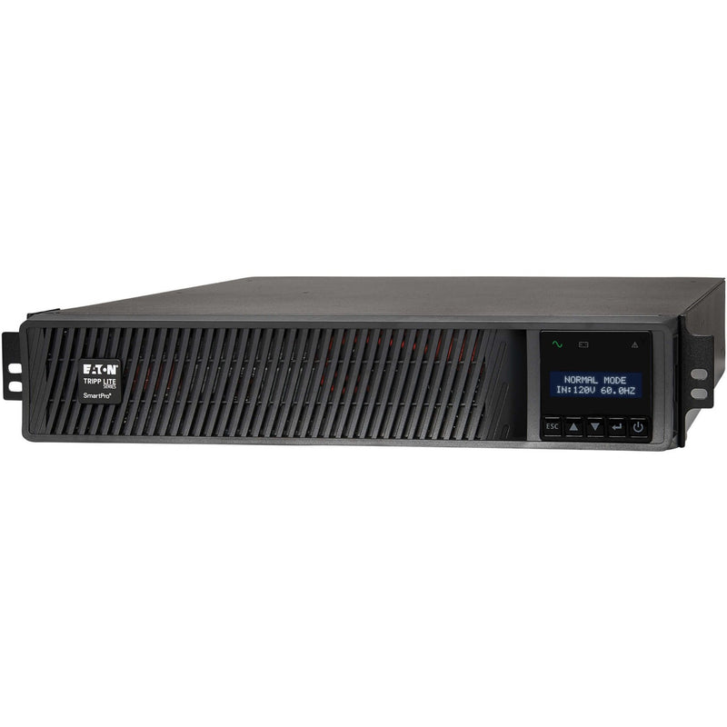 Angled view of Tripp Lite SMART1000RMXL2U UPS highlighting its professional design and display interface