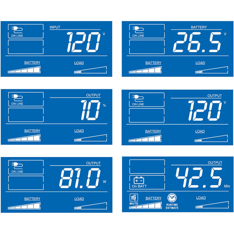 Multiple LCD screen views showing various UPS power monitoring parameters