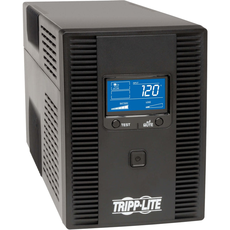 Front view of Tripp Lite SMART1300LCDT UPS showing LCD display with power monitoring information