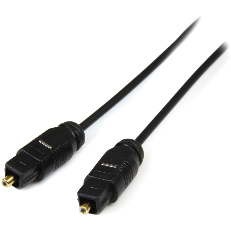 Close-up view of StarTech.com thin Toslink digital optical cable connectors with gold-plated tips