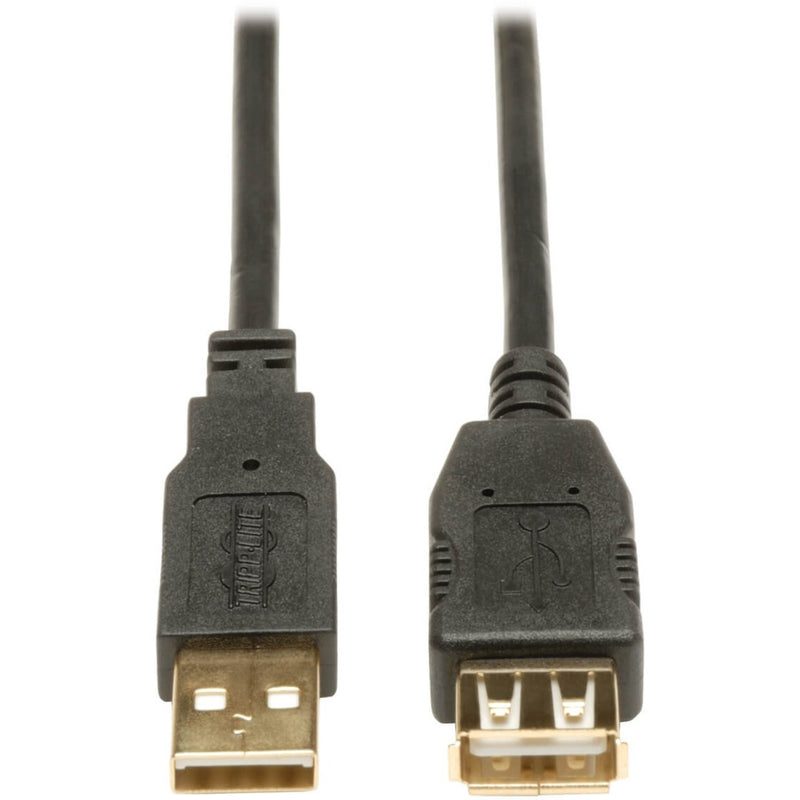 Close-up view of Tripp Lite USB 2.0 extension cable showing gold-plated male and female USB Type-A connectors with molded strain relief