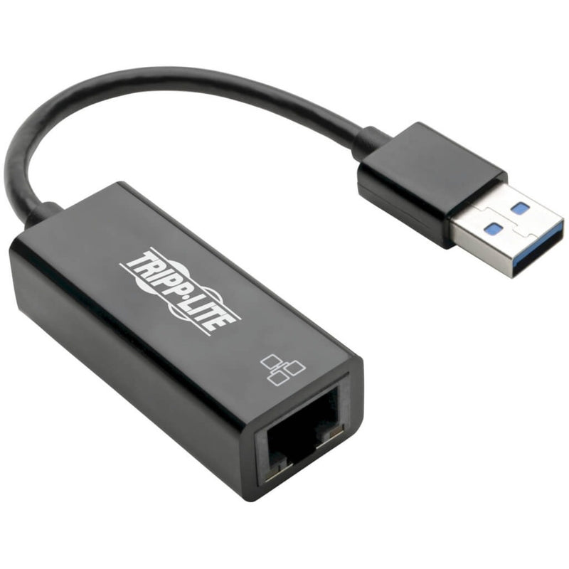 Tripp Lite USB 3.0 to Gigabit Ethernet adapter showing USB connector and RJ45 port