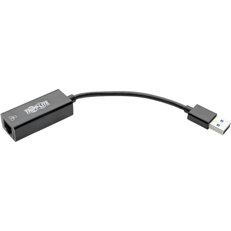 Side view of Tripp Lite USB to Ethernet adapter showing curved cable design