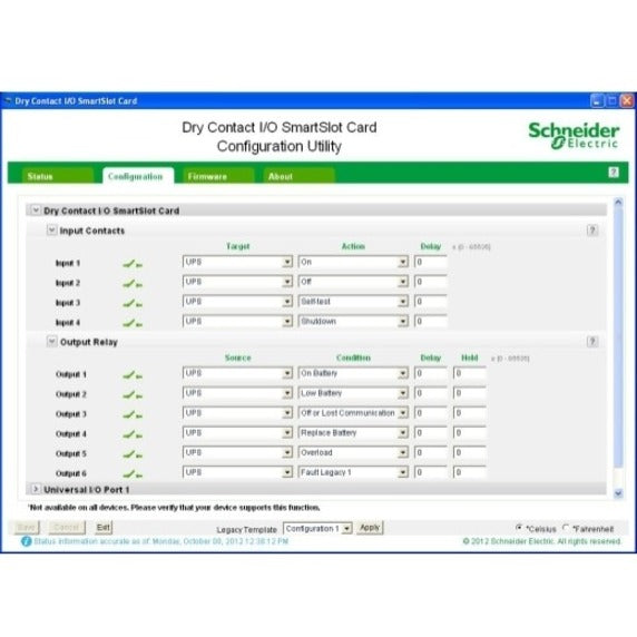 Full configuration dashboard showing input contacts and output relay settings