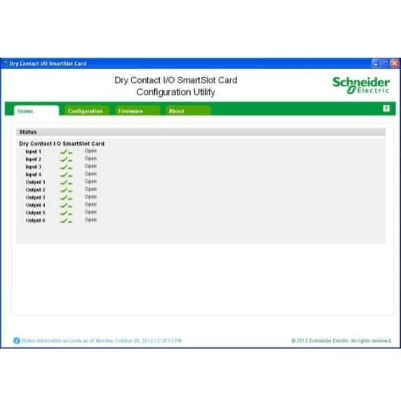 Status screen of AP9613 configuration utility showing input/output states