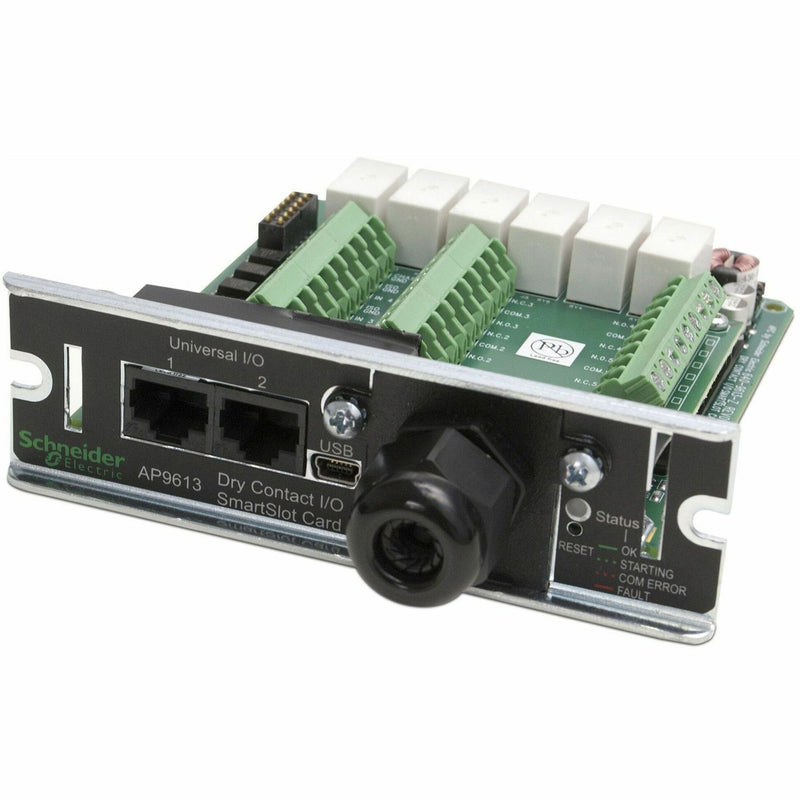 APC AP9613 Dry Contact I/O SmartSlot Card showing terminal blocks, ports and status indicators