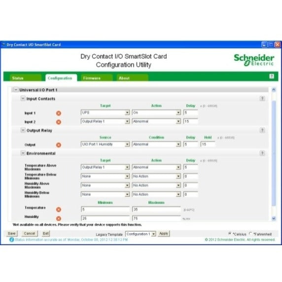 Configuration screen showing detailed input/output and environmental settings