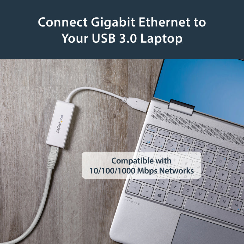 StarTech.com adapter connected to laptop showing Gigabit network compatibility