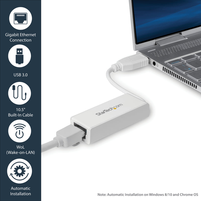 Feature icons showing Gigabit Ethernet, USB 3.0, cable length, and WoL capabilities