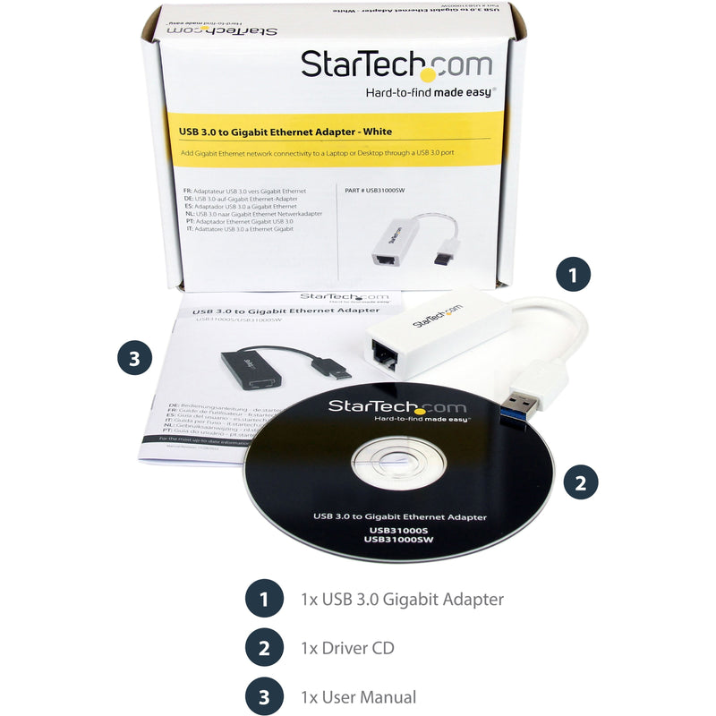 Complete package contents of StarTech.com USB 3.0 to Gigabit Ethernet adapter with numbered components