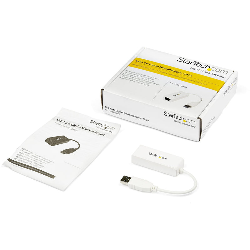 StarTech.com USB 3.0 Ethernet adapter package contents including adapter, CD, and manual