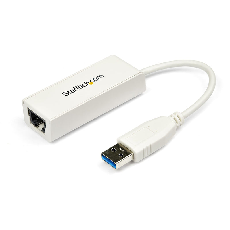 StarTech.com white USB 3.0 to Gigabit Ethernet adapter showing USB and RJ-45 ports