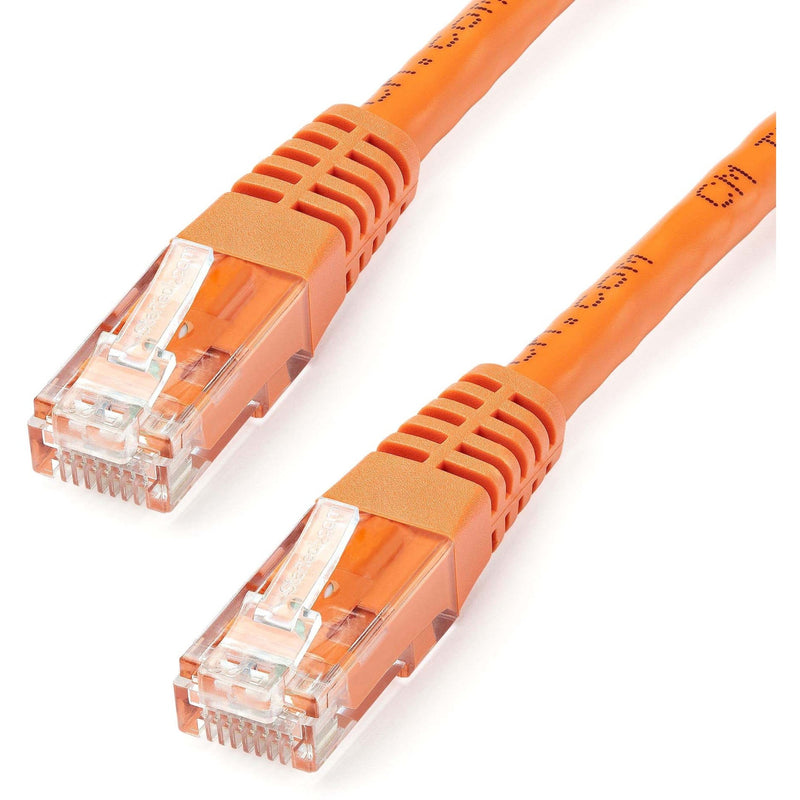 Close-up view of orange Cat6 cable RJ45 connectors showing gold-plated pins and strain relief design