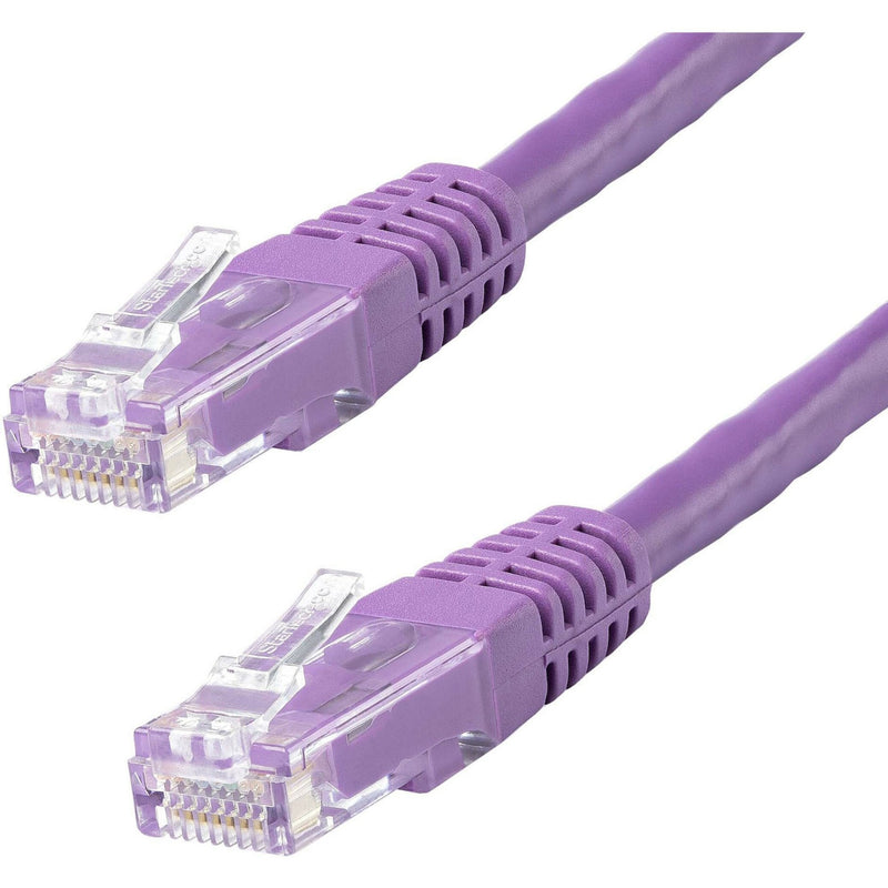 Close-up view of purple Cat6 ethernet cable ends showing gold-plated RJ-45 connectors and strain relief