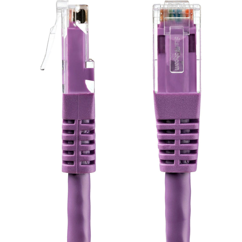 Side-by-side comparison of purple Cat6 cable connectors showing snag-free design