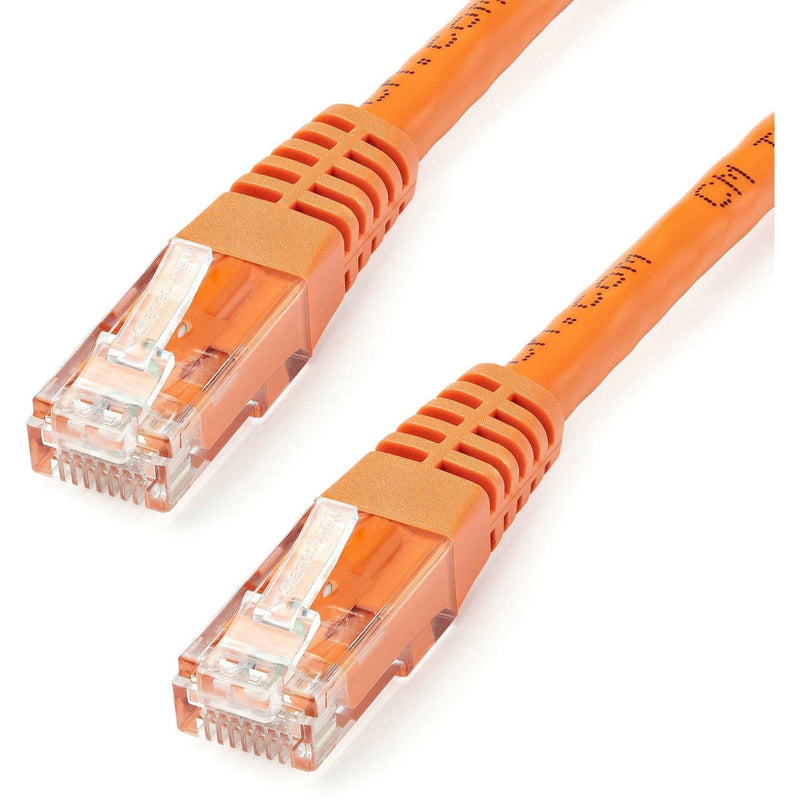 Close-up of gold-plated RJ45 connectors on orange Cat6 ethernet cable showing detailed pin configuration