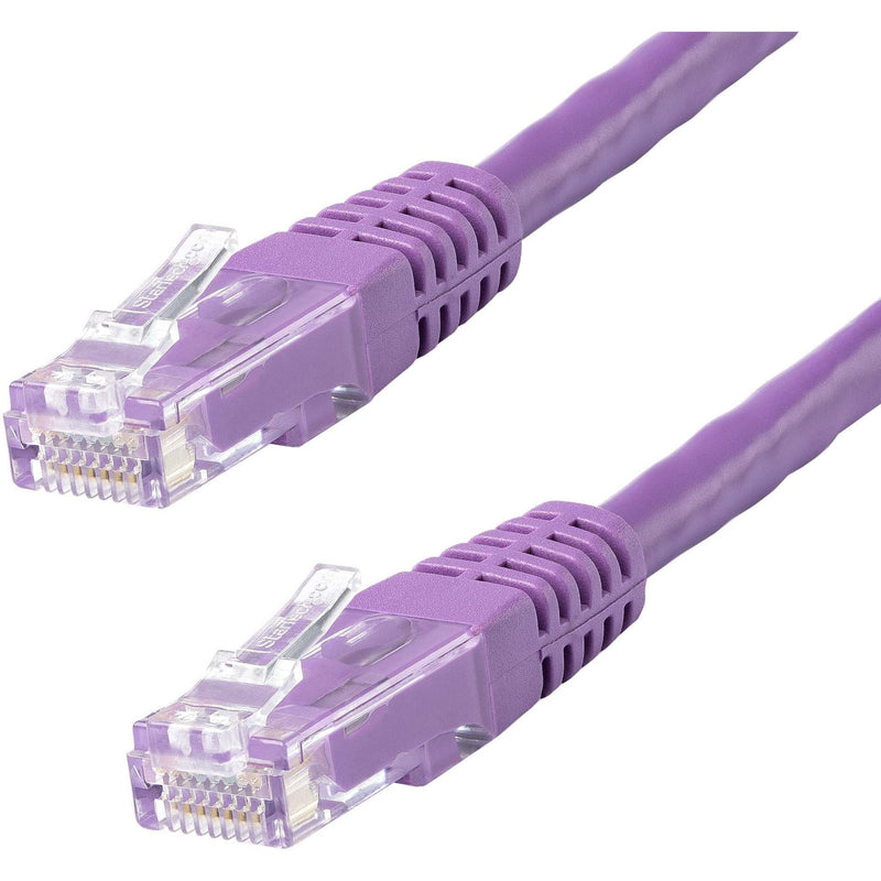 Close-up view of purple Cat6 ethernet cable with gold-plated RJ45 connectors and strain relief boots