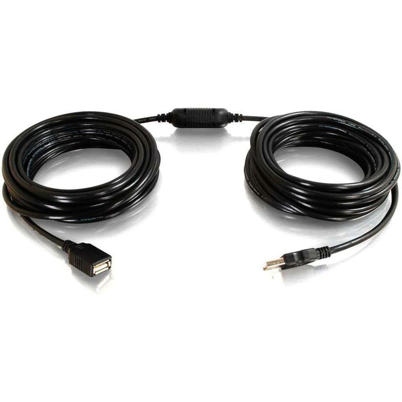 25-foot black USB extension cable with male to female connectors and center signal booster unit