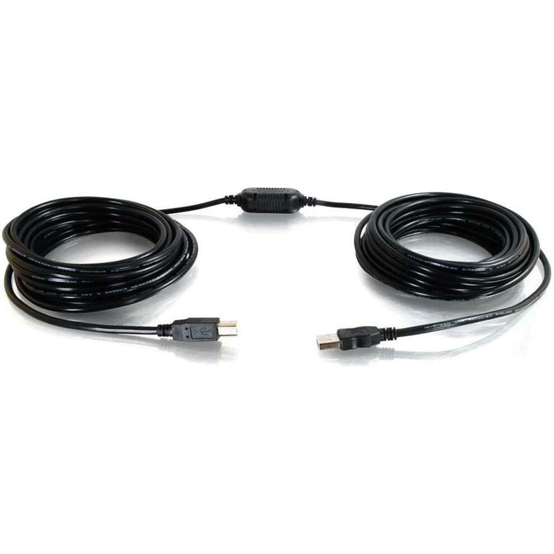 25-foot black USB cable with center-mounted signal booster showing Type A and Type B connectors