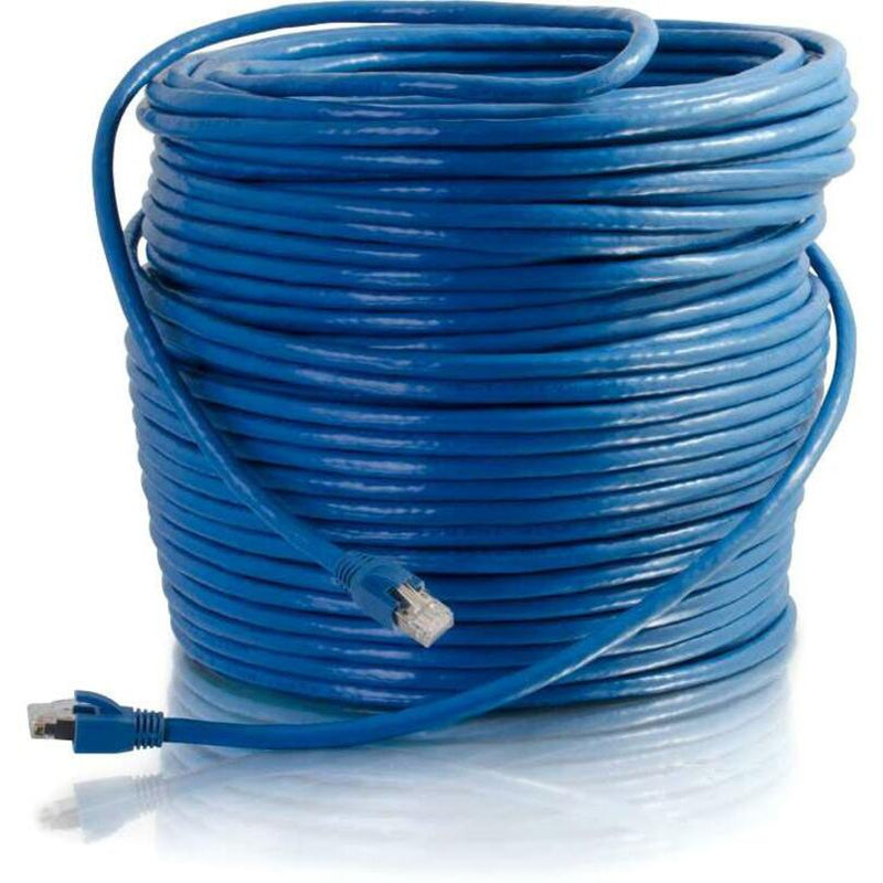 200ft blue Cat6 shielded ethernet cable coiled showing full length and RJ-45 connector