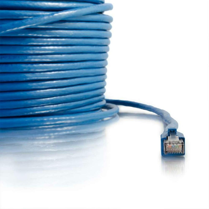 Close-up detail of blue Cat6 cable coil showing precision construction and connector