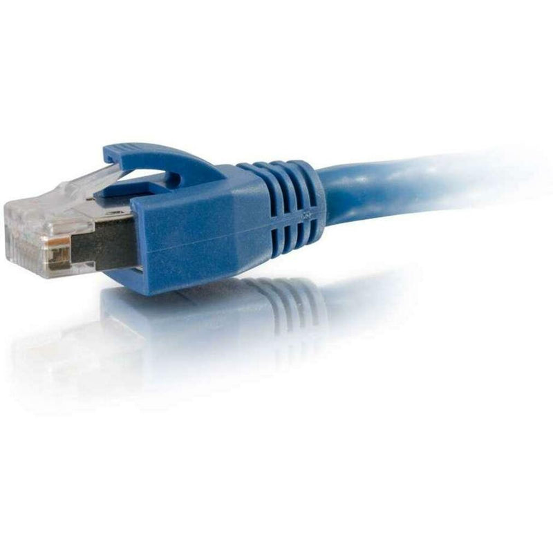 Close-up of blue snagless boot and RJ-45 connector on Cat6 ethernet cable