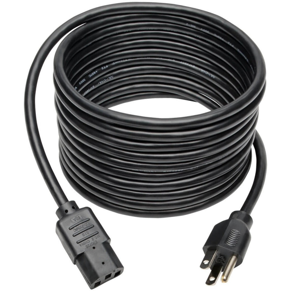 Full-length view of coiled 15-foot Tripp Lite P006-015 power cord showing both connectors-alternate-image2