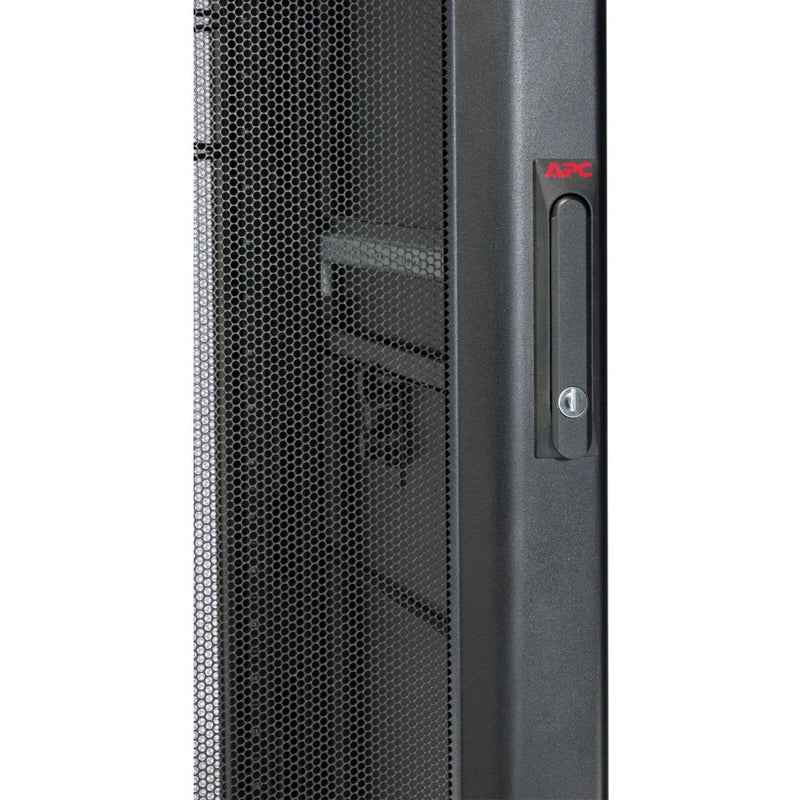 Detailed view of NetShelter SX door perforation pattern and handle mechanism