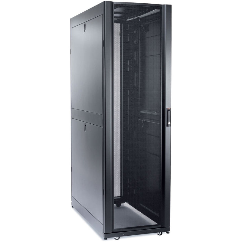 Side angle view of APC NetShelter SX 42U rack cabinet showing full height and depth