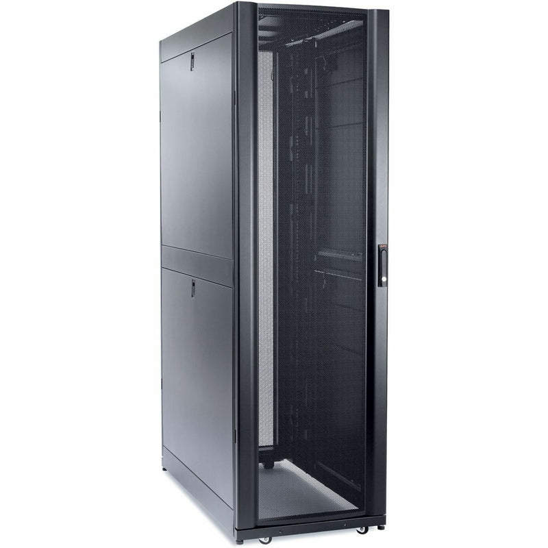 Front view of APC NetShelter SX 48U server rack enclosure with perforated door and black finish