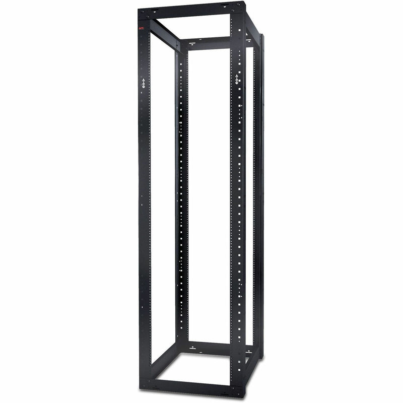 Front view of APC NetShelter 44U open frame rack showing full-height black metal frame with threaded mounting holes and integrated cable management features