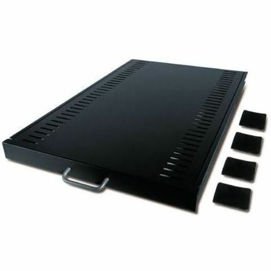 Black rack shelf with ventilation slots and handle showing friction pads