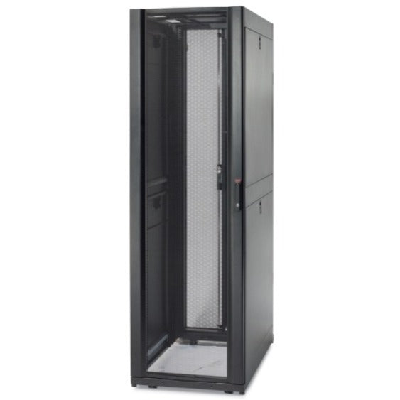 Angled view of NetShelter SX cabinet showing depth and width dimensions