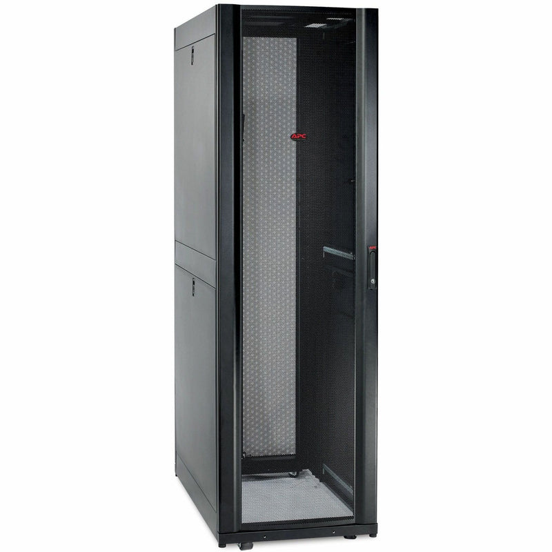 Front view of APC NetShelter SX 48U black server cabinet with perforated mesh door